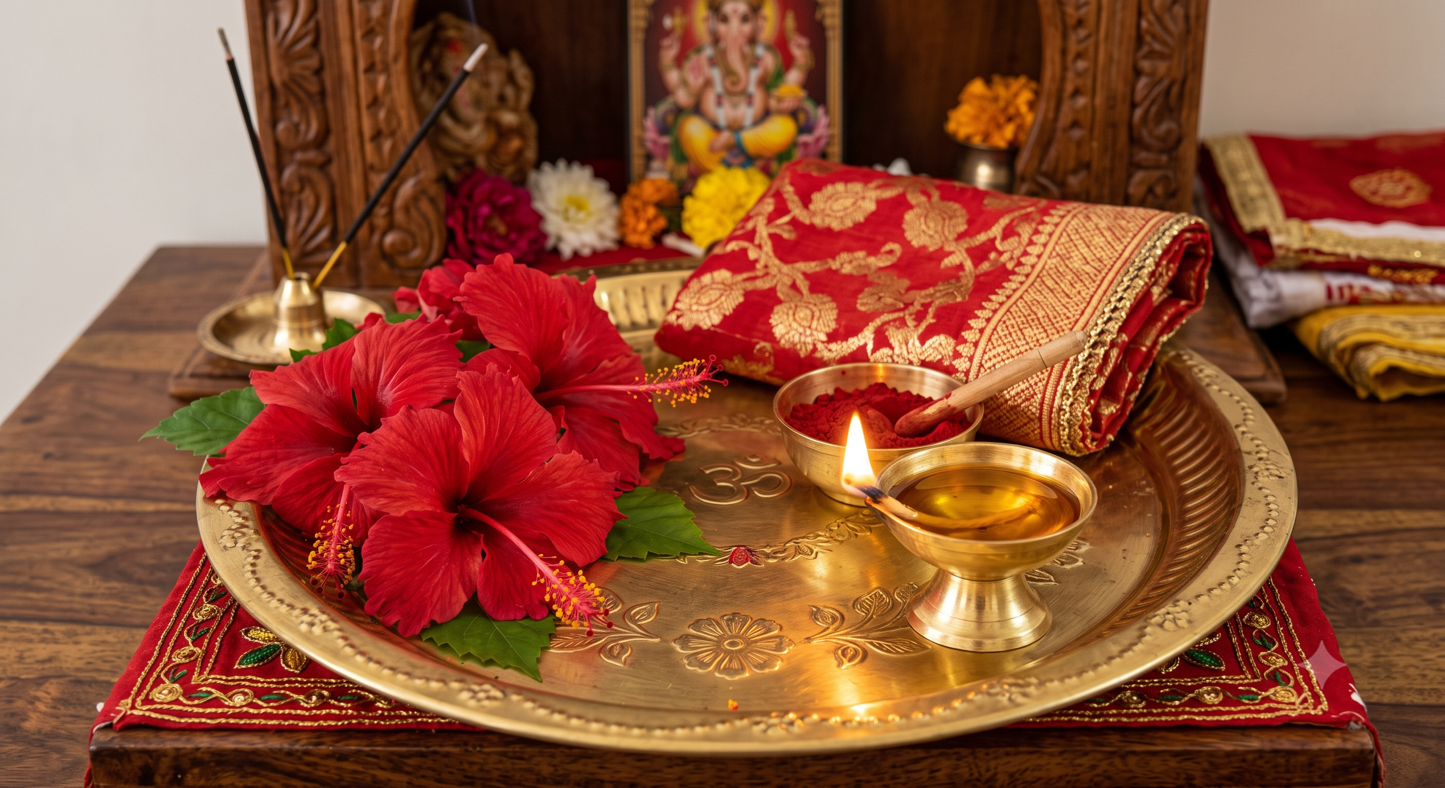 Offer Red Hibiscus, Red Chunari, Kumkum, Mustard Oil Deep to Maa Kali