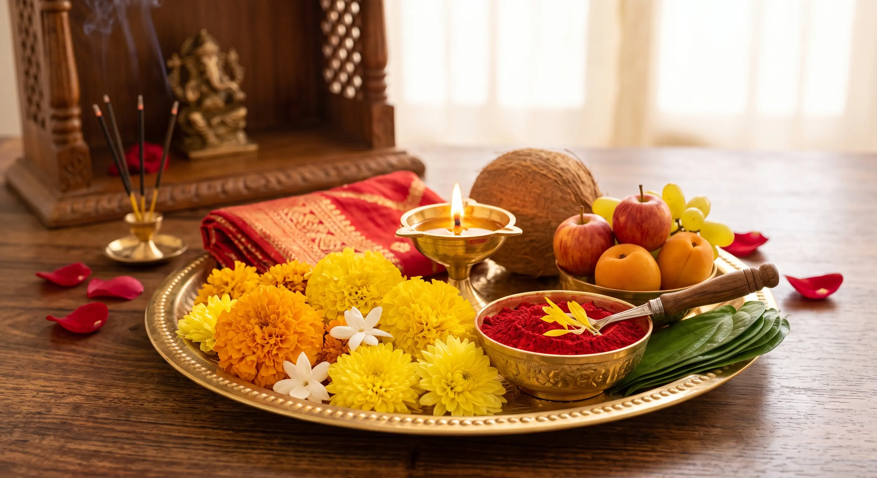 Offer Yellow Flowers, Fruits, Betel Leaves, Coconut to Maa Bhubneshwari