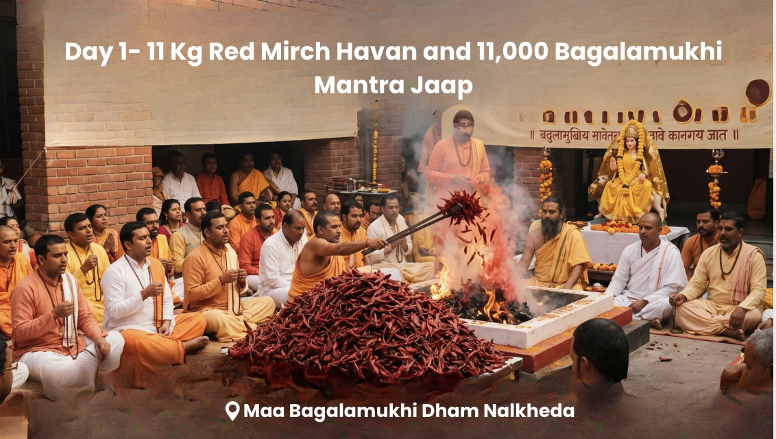 Day 1 - 11 Kg Red Mirch Havan and 11,000 Bagalamukhi Mantra Jaap