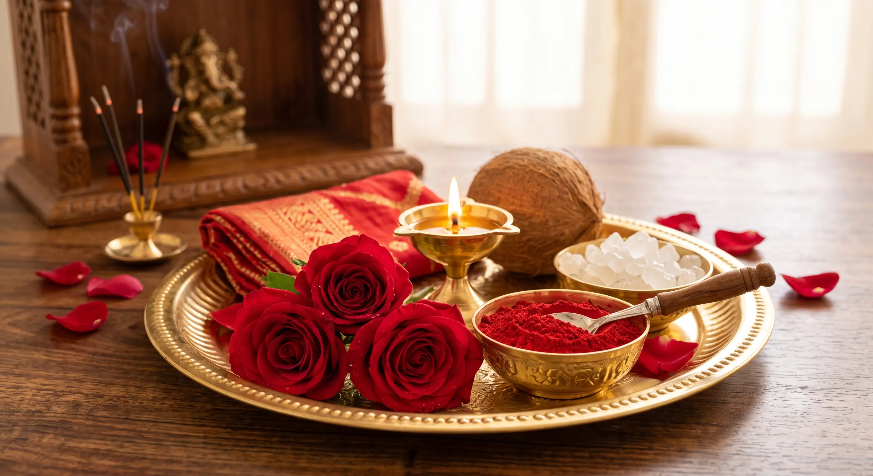 Offer Kumkum, Red Roses, Mishri to Maa Tripur Sundari