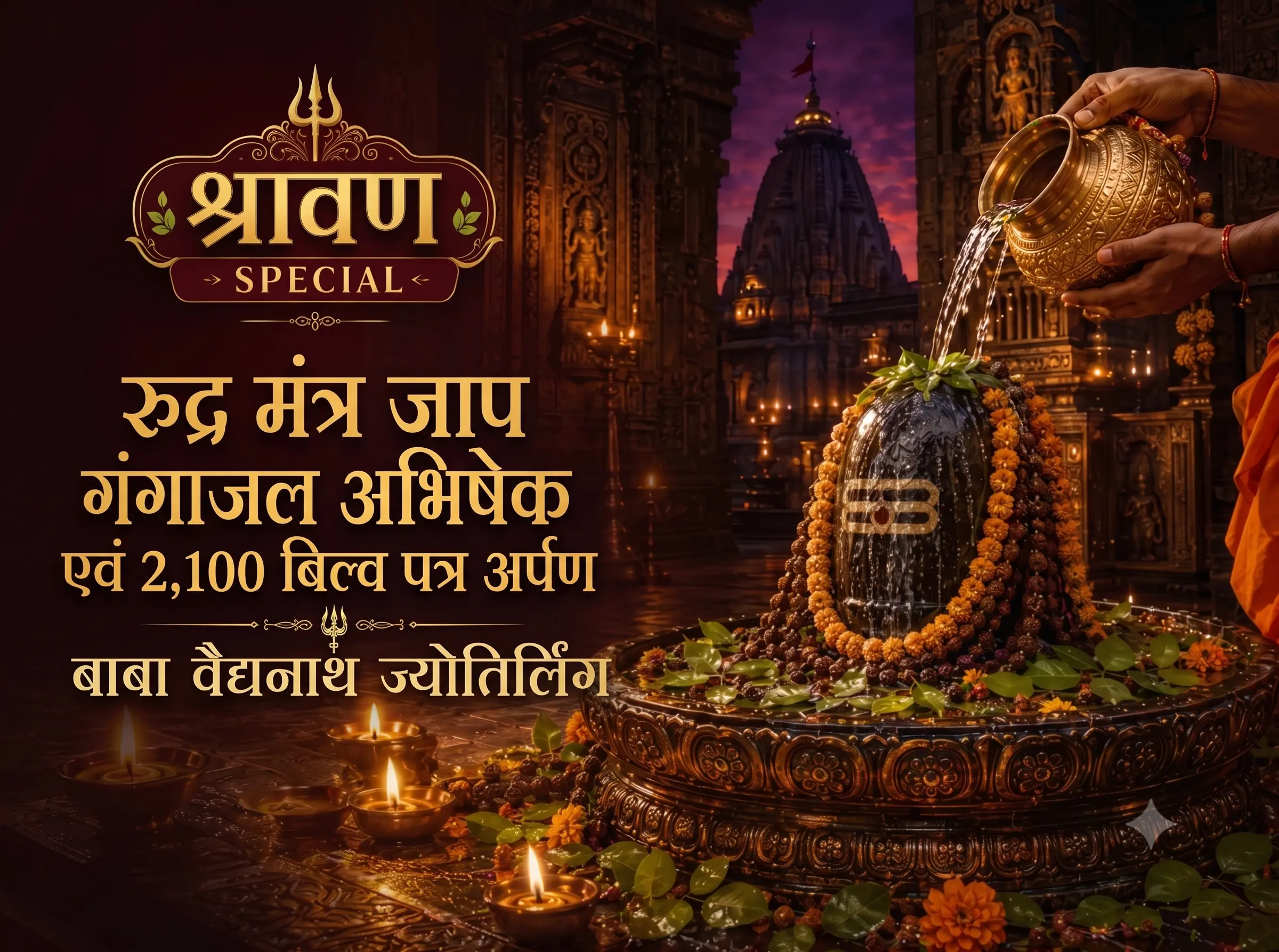 First Somvar (3rd August) -Rudra Mantra Jaap, Ganga Jal Abhishek & 2,100 Bilva Patra Arpan