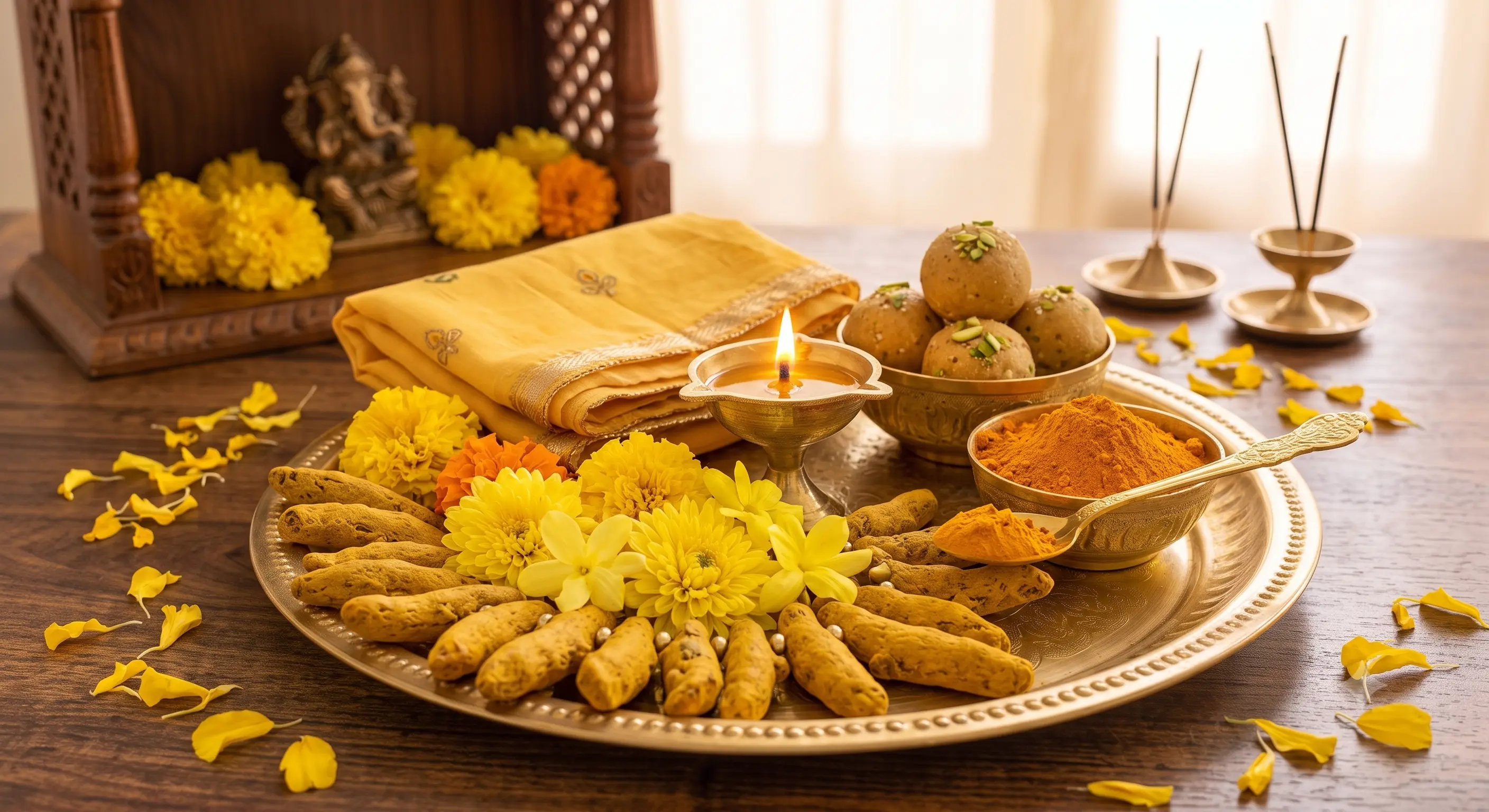 Offer Haldi Mala, Yellow Flowers, Yellow Chunari, Besan Laddoo