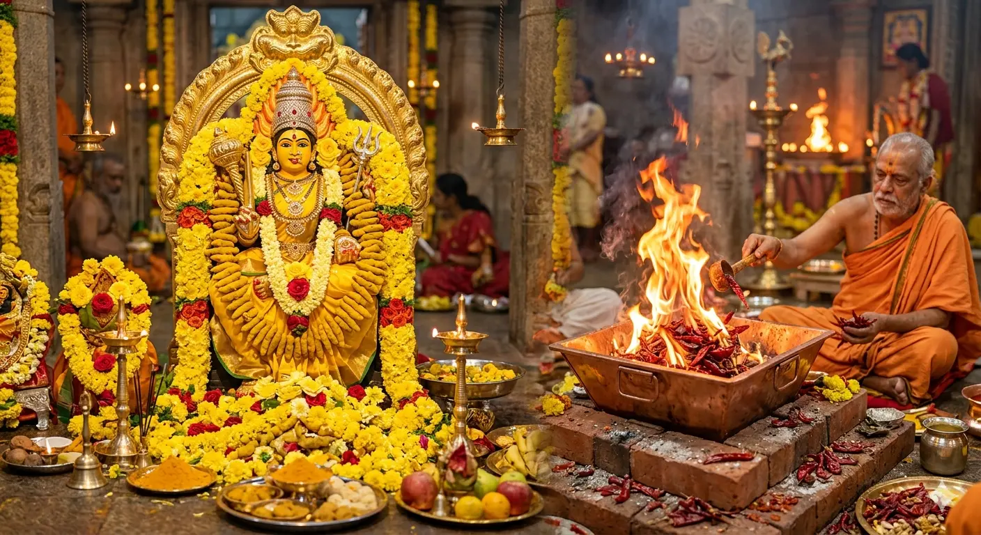 Maa Bagalamukhi Chadhava Haldi mala, yellow pushp chadhava & red Mirchi Havan
